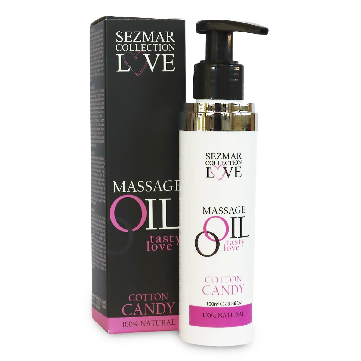 Sezmar Love massageolie Cotton Candy 100 ml met pompje en verpakking