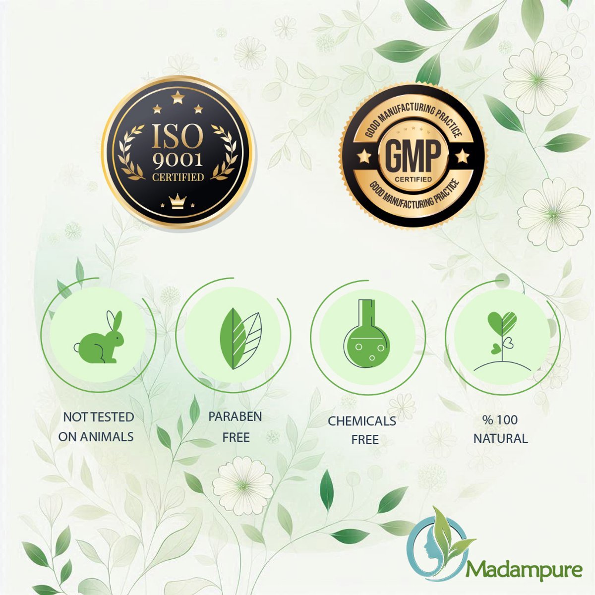 GMP- en ISO 9001-gecertificeerd, dierproefvrij, parabeenvrij en 100% natuurlijk