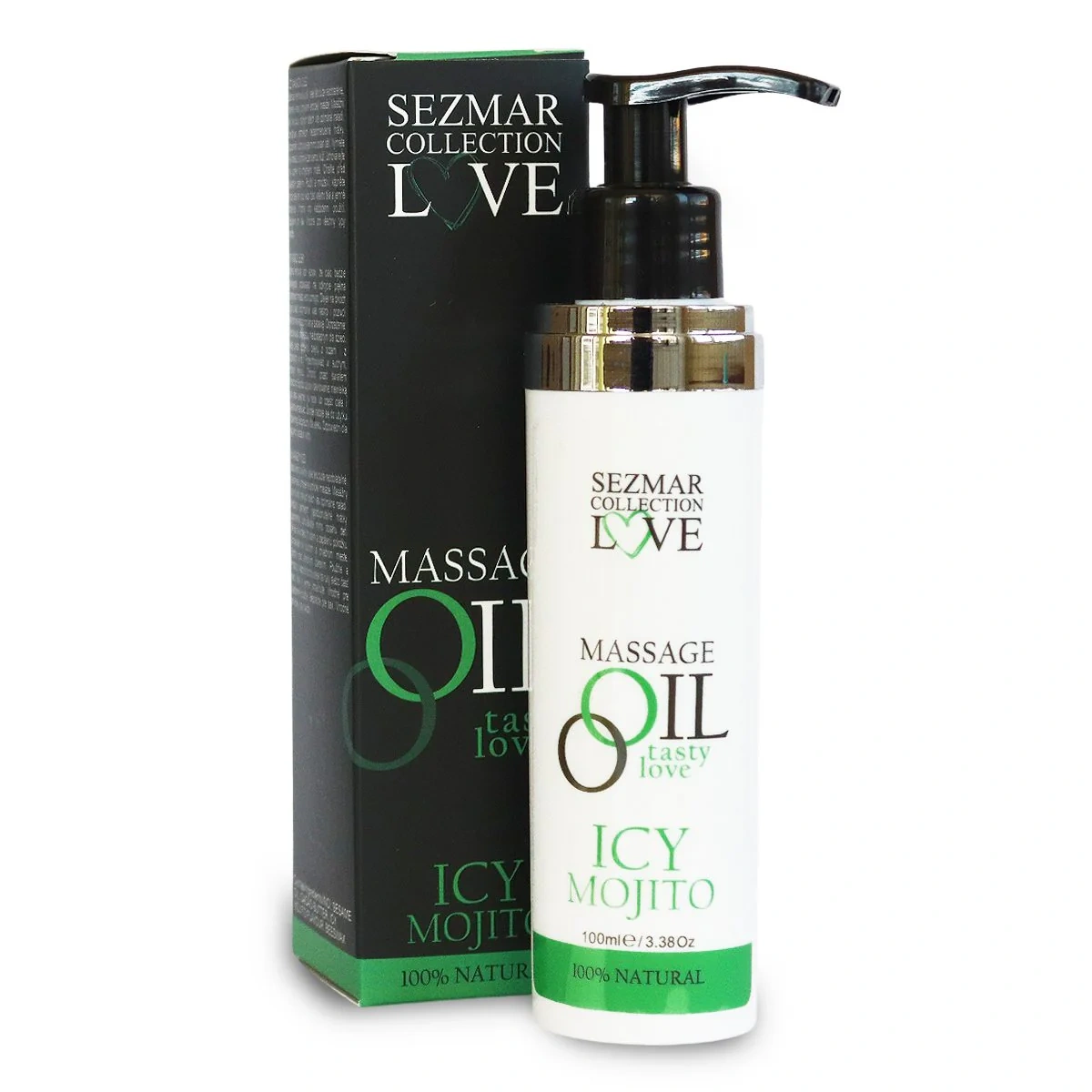 Sezmar Love erotische massageolie Icy Mojito 100 ml met pompje en verpakking
