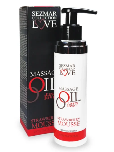 Sezmar Love erotische massageolie Strawberry Mousse 100 ml met pompje en verpakking