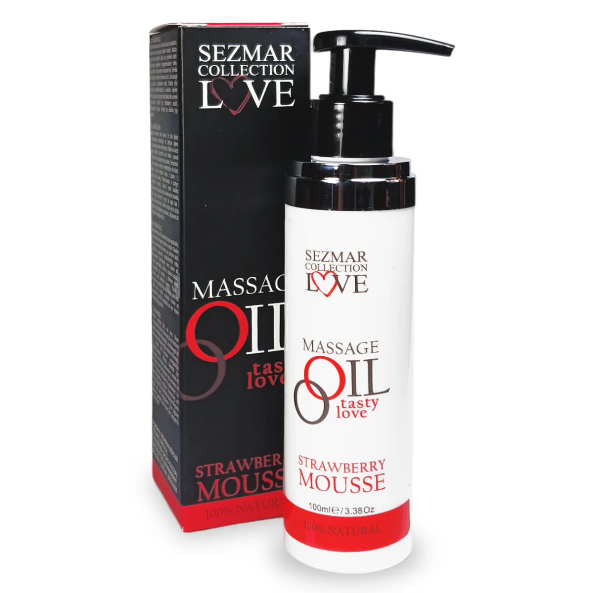 Sezmar Love erotische massageolie Strawberry Mousse 100 ml met pompje en verpakking